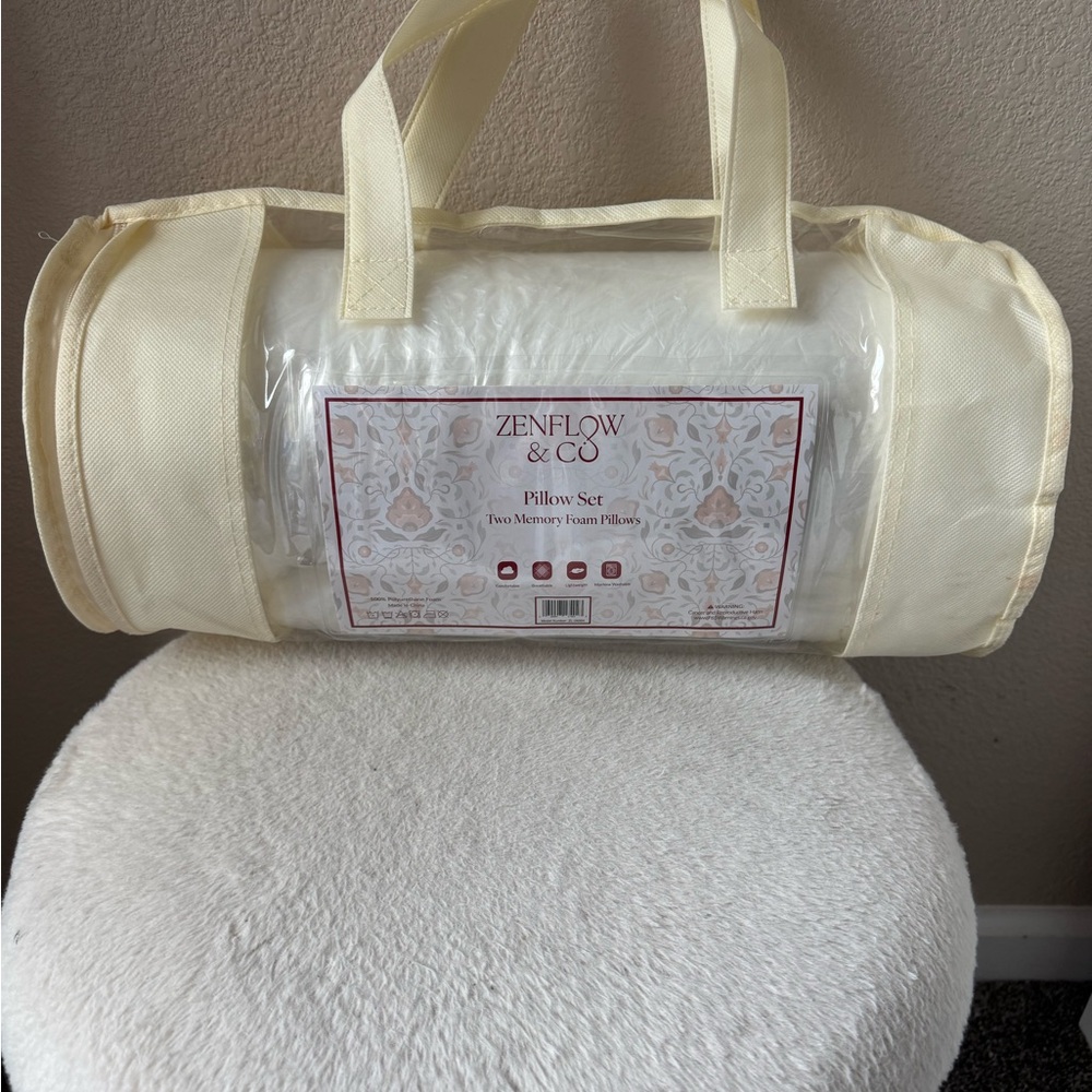 Zenflow & Co Memory Foam Pillow Set with Cream Bag